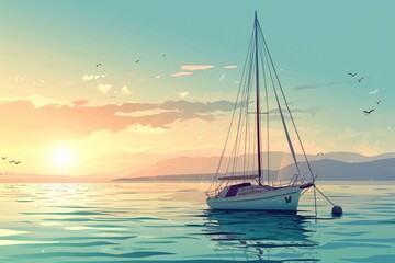 Fototapeta premium a boat floating in the ocean at sunset