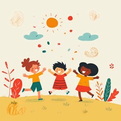 Fototapeta premium Three children are playing in a field with a bright sun in the background
