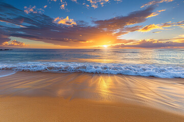 A tropical beach at sunset, with golden sand and calm waves, the sky painted with vibrant colors of dusk
