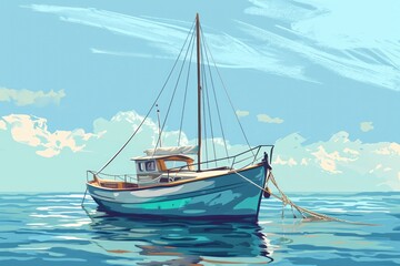 a painting of a boat in the ocean