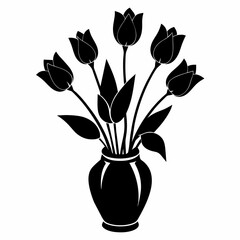 A black silhouette of tulip flowers with vase