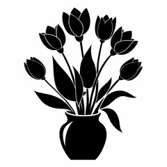 A black silhouette of tulip flowers with vase
