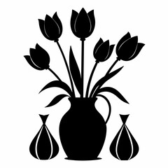 A black silhouette of tulip flowers with vase