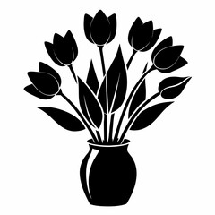 A black silhouette of tulip flowers with vase