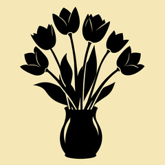A black silhouette of tulip flowers with vase