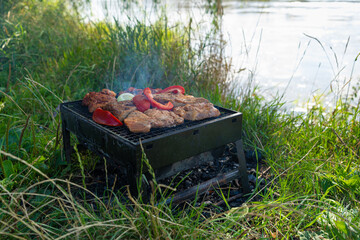 Small Grill, Barbecue, Bbq with Smoke, Mini Barbecue with Grilled Meat and Vegetables