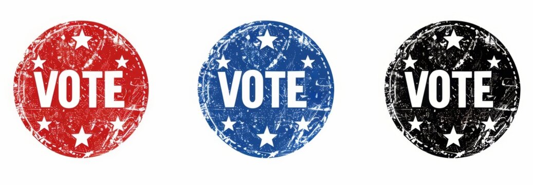 A set of stamp marks isolated on white background. vote text in ink in multiple colors, red and blue and black.	
