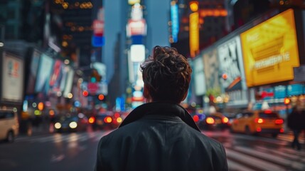 Fototapeta premium A man stands in the middle of a busy city street