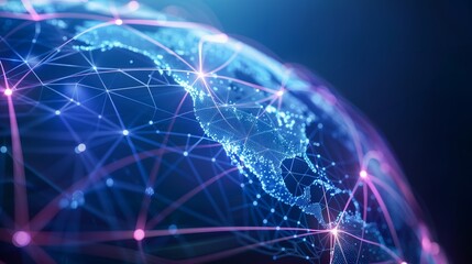 Naklejka premium Abstract representation of a global digital network with blue and pink lights connecting various points on the globe.