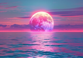 Generate an AI-created retro-futuristic synthwave-style beach sunset with a colorful background and a super moon. Ideal for backgrounds, wallpapers, futuristic websites, posters, and banners.

