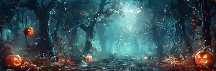 Forest Filled With Pumpkins and Bats