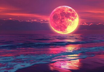 Generate an AI-created retro-futuristic synthwave-style beach sunset with a colorful background and a super moon. Ideal for backgrounds, wallpapers, futuristic websites, posters, and banners.

