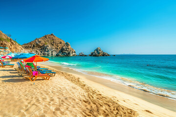 A tropical beach with soft golden sand, turquoise water, and a rocky outcrop in the distance, with colorful beach chairs and umbrellas under a clear sky - Powered by Adobe