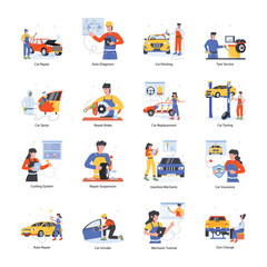 Naklejka premium Handy Pack of Car Mechanics Flat Illustrations