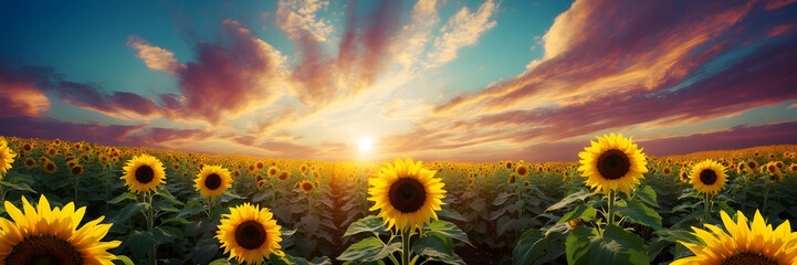 Fototapeta premium Scenic panorama of a sunflower field during sunrise with colorful sky and sunbeams