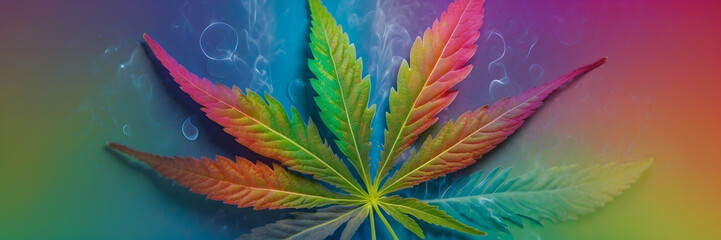 A close-up panoramic image of a cannabis leaf with a rainbow gradient and water droplets, set against a colorful background