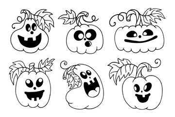 A set of sketches, doodles of funny pumpkin characters for the holiday of Halloween. Vector graphics.