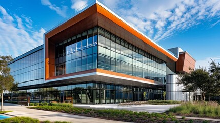 Obraz premium buildings with bold geometric forms, energy-efficient facades, and green building certifications, reflecting a commitment to environmental stewardship and employee well-being