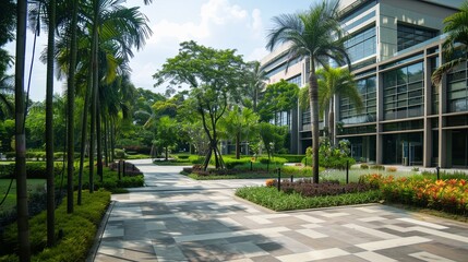 Fototapeta premium Office parks are suburban developments comprising multiple office buildings set amidst landscaped grounds or greenery, providing a conducive work environment away from the urban core