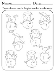Snowman Puzzle. Printable Activity Page for Kids. Educational Resources for School for Kids. Kids Activity Worksheet. Match Similar Shapes
