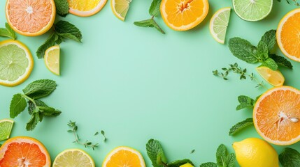 Citrus slices and mint herbs frame on retro mint pastel background with copy space from above. Top...