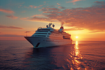 Cruise Ship Sailing in the Ocean at Sunset