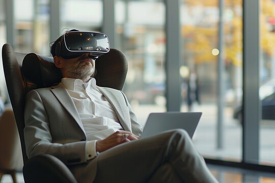 Middle-Aged Man Using Virtual Reality Headset in Modern Office Setting - Powered by Adobe