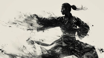 High-resolution studio photo of a Kung Fu master performing a tornado kick in Reverse Silhouette, with every detail meticulously captured