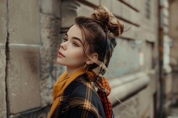 Fototapeta premium A profile shot of the girl walking confidently down a city street, wearing trendy clothing and accessories.