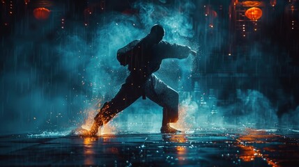 Reverse Silhouette of a Kung Fu master mid-spin during a kick, captured with precise studio lighting and high-resolution detail