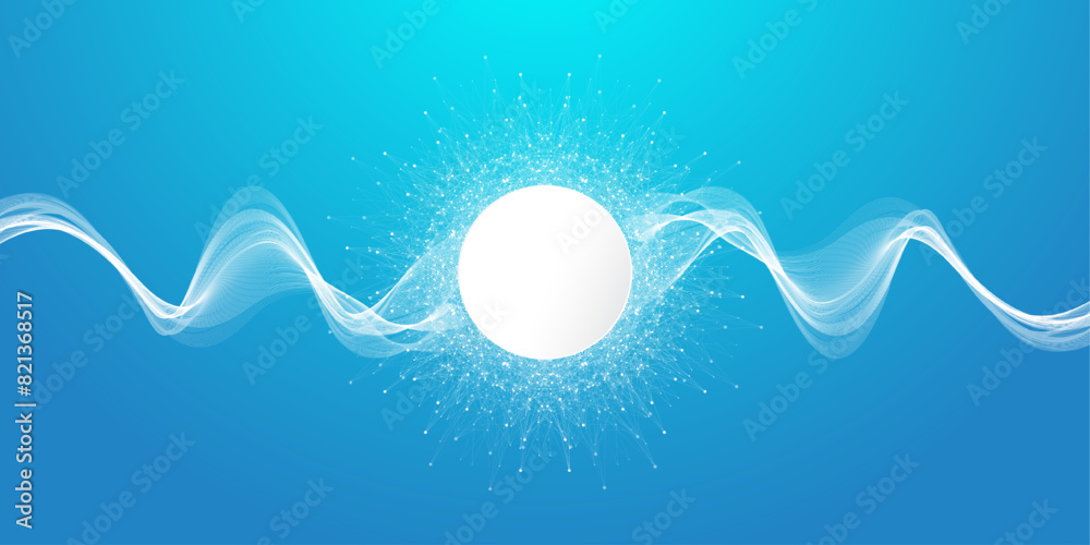 Poster Scientific vector illustration quantum computer technology. Plexus fiction effect. Deep learning artificial intelligence. Big data algorithms visualization. Quantum explosion background.