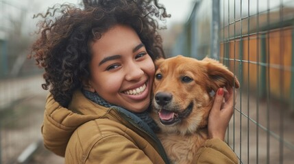 A person volunteering at a local animal shelter, petting a happy dog and smiling warmly. - Powered by Adobe