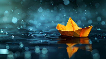 a yellow paper boat is swim in the water and looking so sweet on bokeh background