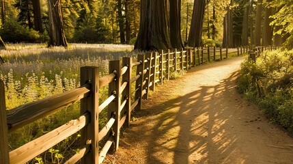   Wooden fence on dirt path surrounded by tall trees and wildflowers