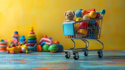 A shopping cart brimming with colorful toys and games, isolated on a bright, multicolored background, evoking the joy of childhood