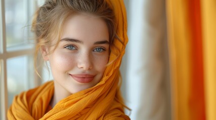 Fototapeta premium Experience the allure of new beginnings with a stock-style photo featuring a beautiful woman gracefully opening blinds against a white