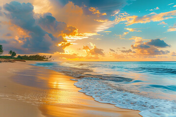 A tropical beach at sunset, with golden sand and calm waves, the sky painted with vibrant colors of dusk