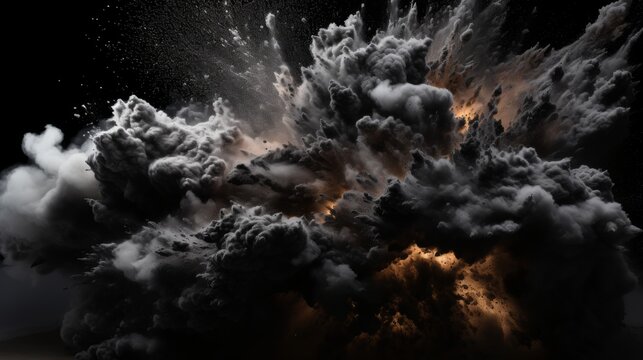 Abstract black charcoal powder explosion on white background with smoke particles and splatter