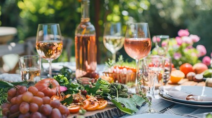 holiday summer brunch party table outdoor in a house backyard with appetizer, glass of ros?(C)...