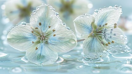   A cluster of white blossoms bobbing atop a tranquil pool with droplets on their petals