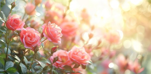 Fototapeta premium Beautiful pink roses in a garden with sunlight and a bokeh background, space for text Generative AI