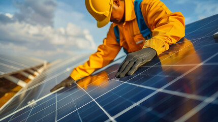 Electrician Engineer Installing Solar Panel