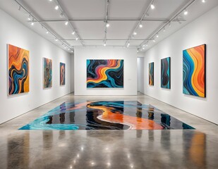 gallery with concrete floors and white walls. There are seven colorful paintings on the walls, with one painting hanging on the far wall and the others spread out throughout the room.