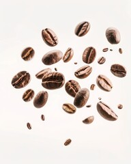 flying coffee beans on a white background, depth of field, advertising style