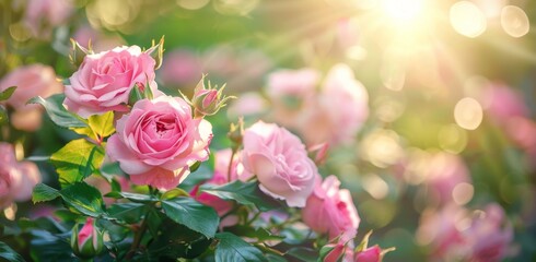Beautiful pink roses in the garden with sunlight and bokeh background Generative AI