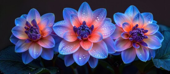 Three blue and pink flowers with water droplets - Powered by Adobe