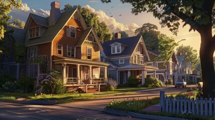 Natural sunlight creates light and shadow effects that highlight the colors and texture of the houses. generative ai
