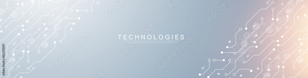 Poster Abstract background with technology circuit board texture. Modern electronic motherboard texture. Engineering and communication concept for header, web banner, website, presentation.
