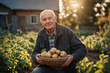 An old man, a pensioner with a potato crop in his garden near his house. Potato harvest.