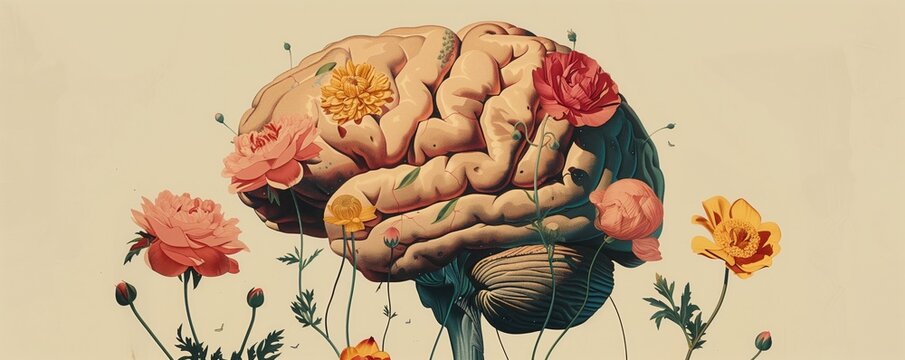 Cross-section of a brain with colorful flowers around it